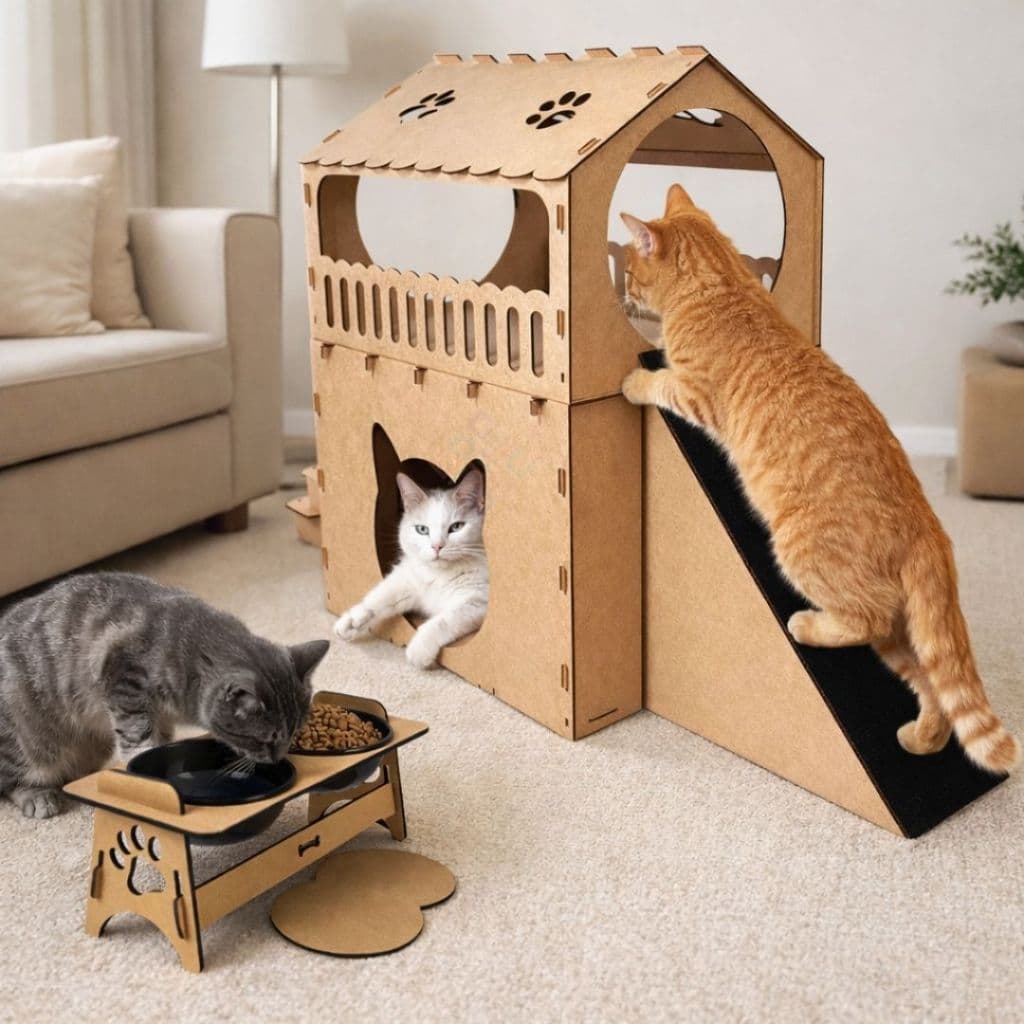 Casa Para Gato MDF 2 Andares Com Escada Rampa Arranhador Comedouro Duplo Porta Chaves Decorativo