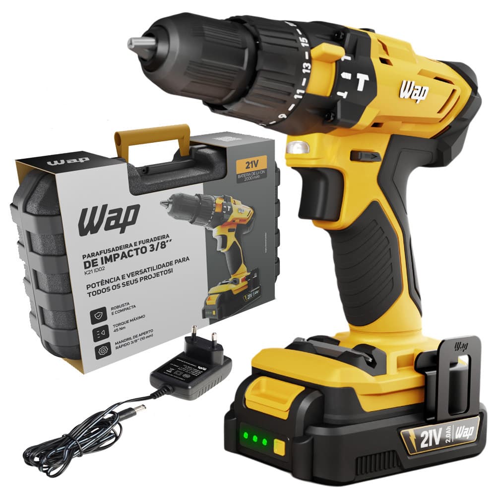 Parafusadeira e Furadeira de Impacto Mandril 3/8 Bateria 21v K21 ID02 Wap com Maleta
