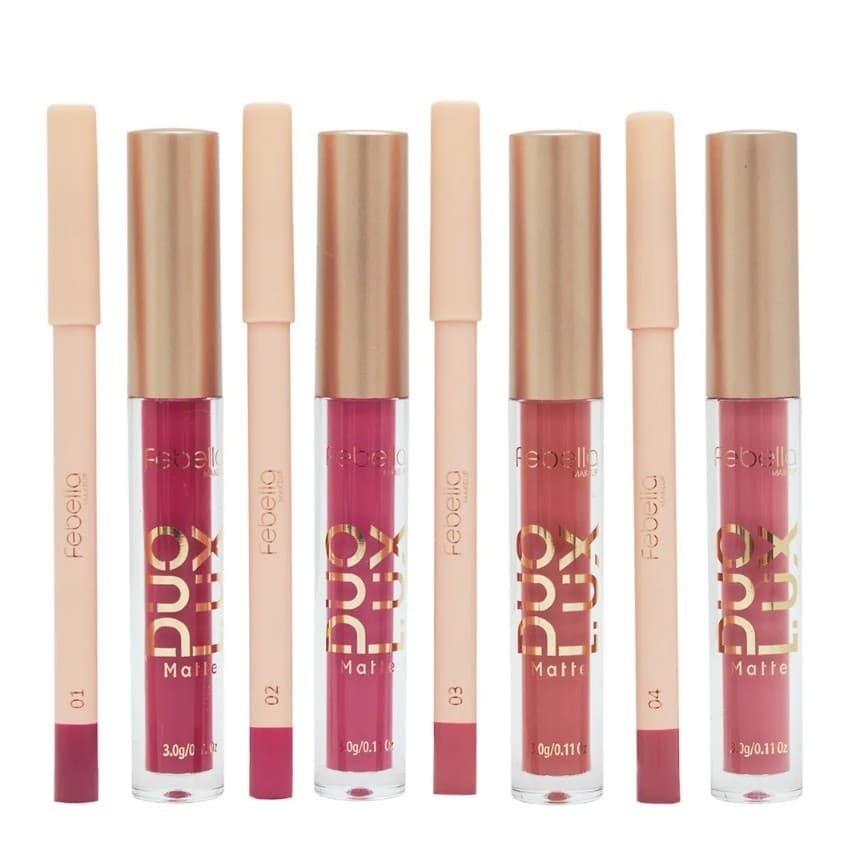 Kit Batom Líquido Matte + Lápis Labial Duo Lux Febella – Longa duração - 8 cores disponíveis