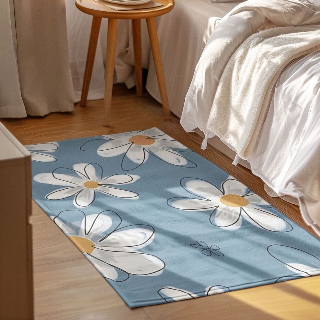 Tapete Decorativo 118x70cm Antiderrapante Sala, Quarto, Espaço Flores Azul
