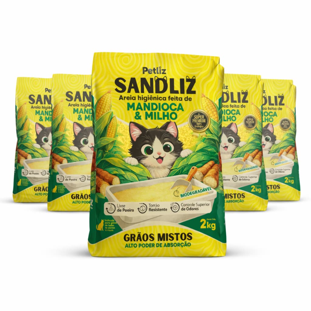 Kit 5 Areia Sanitária Higiênica Natural Premium Mista de Milho e Mandioca Gatos Sandliz Petliz 2 kg