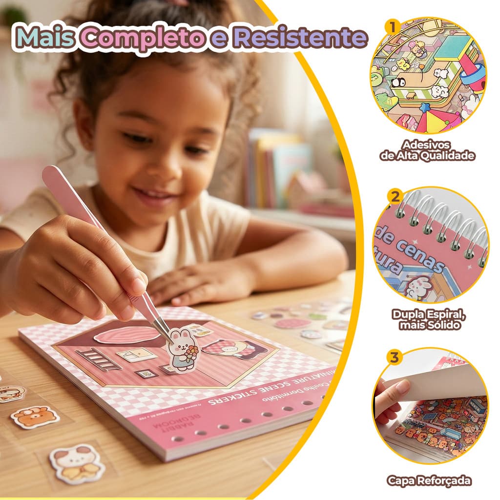 Livro Caderno de Adesivos 3D Reutilizáveis Cenários Kawaii DIY Fofo Com Pinça Scrapbooking Infantil Brinquedo Educativo