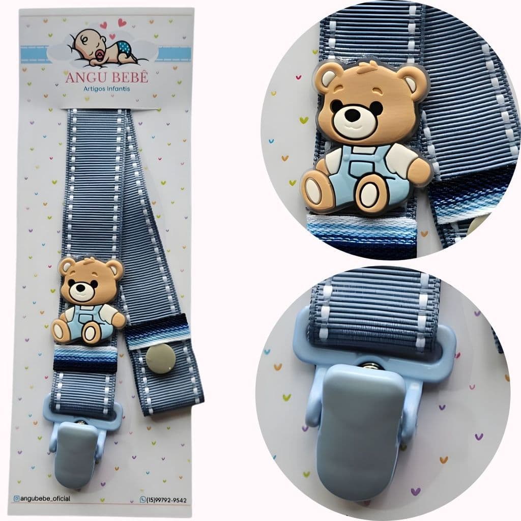 Prendedor de Chupeta Clips Urso Azul Menino Bebê Suporte Para Chupetas-Angu Bebê
