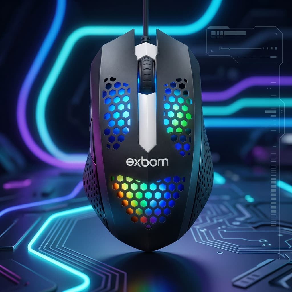 Mouse Gamer RGB Preto Com Fio LED Exbom 1200 DPI Ergonômico USB Barato PC Notebook