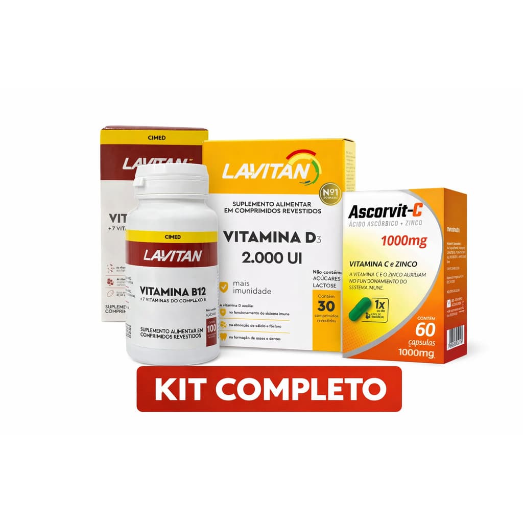 Kit Completo Vitaminas Lavitan B12 + Vitamina D3 2000 UI + Ascorvit-C Vitamina C com Zinco