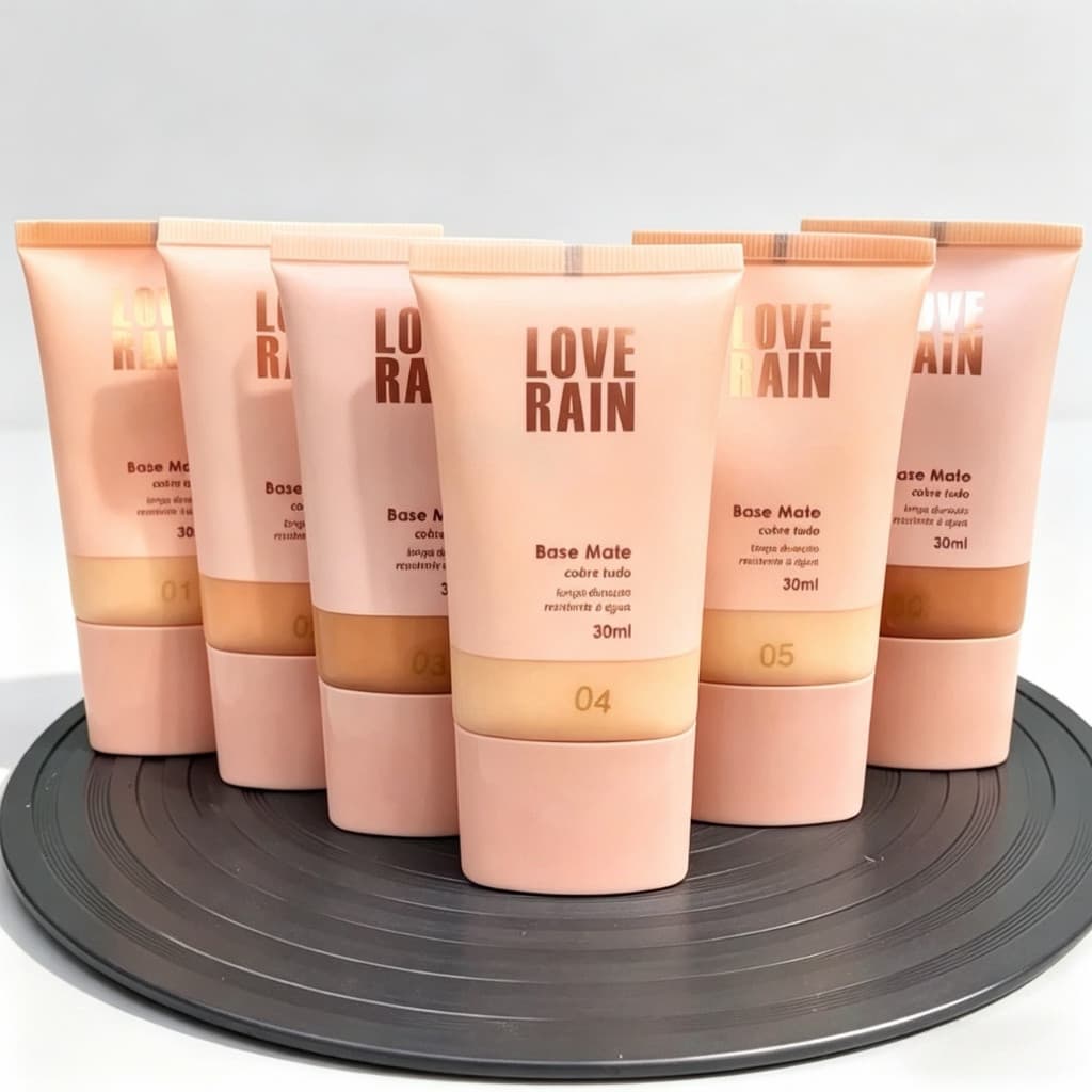 Base Líquida Matte Love Rain 30ml Alta Cobertura Longa Duração Resistente à Água 6 Tonalidades