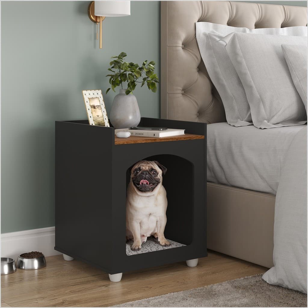 Mesa de Cabeceira Pet Casinha Cachorro Gato MDF com Almofada Moderna Preto/Freijó