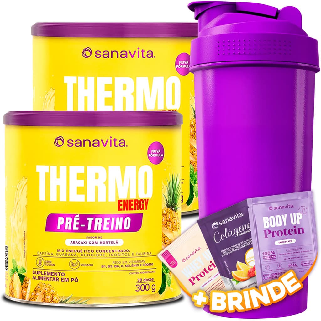 Kit 2x Termogênico Suplemento Thermo Energy Sanavita 300g Pré Treino + Coqueteleira 600ml P/ Treino