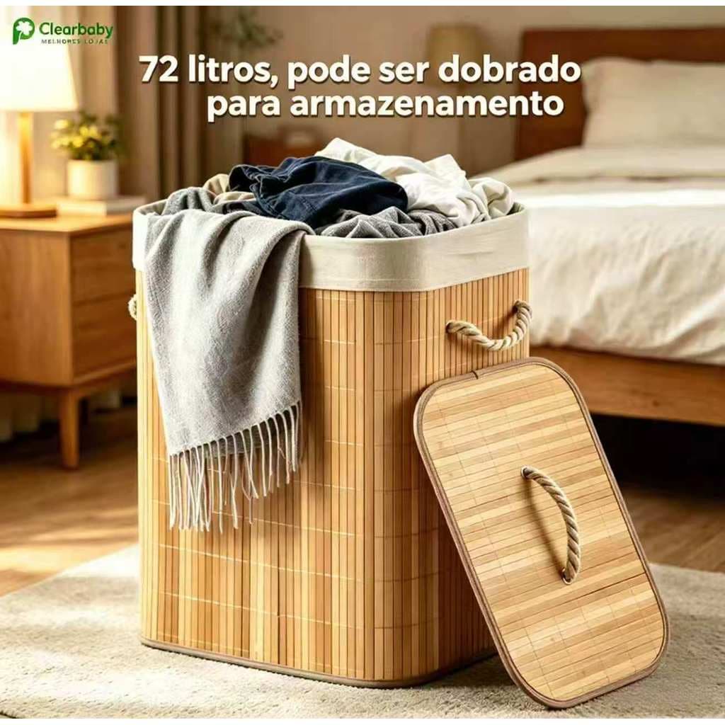 Cesto De Roupa Suja De Bambu 72L Grande Com Tampa Alças Dobráveis Forrado Organizador Para Banheiro Lavanderia Casa