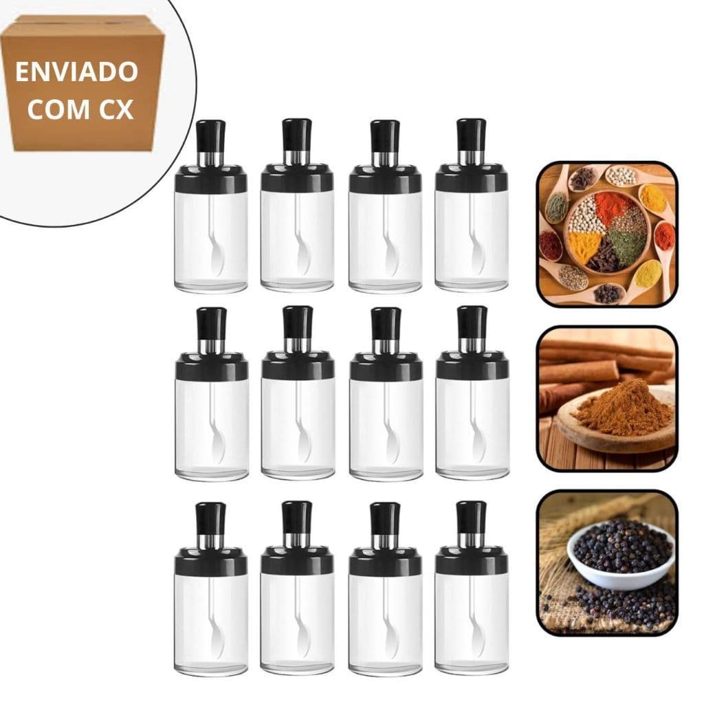 Kit 4/6/12 Porta Tempero com Colher Condimento Sal Açucar Açafrão Pimenta
