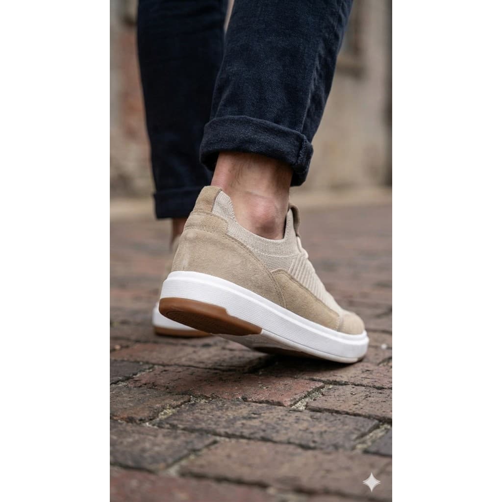 Calçado Slip On Calce Facil Tênis Masculino Casual Malha Knit com Couro Leve Confortável