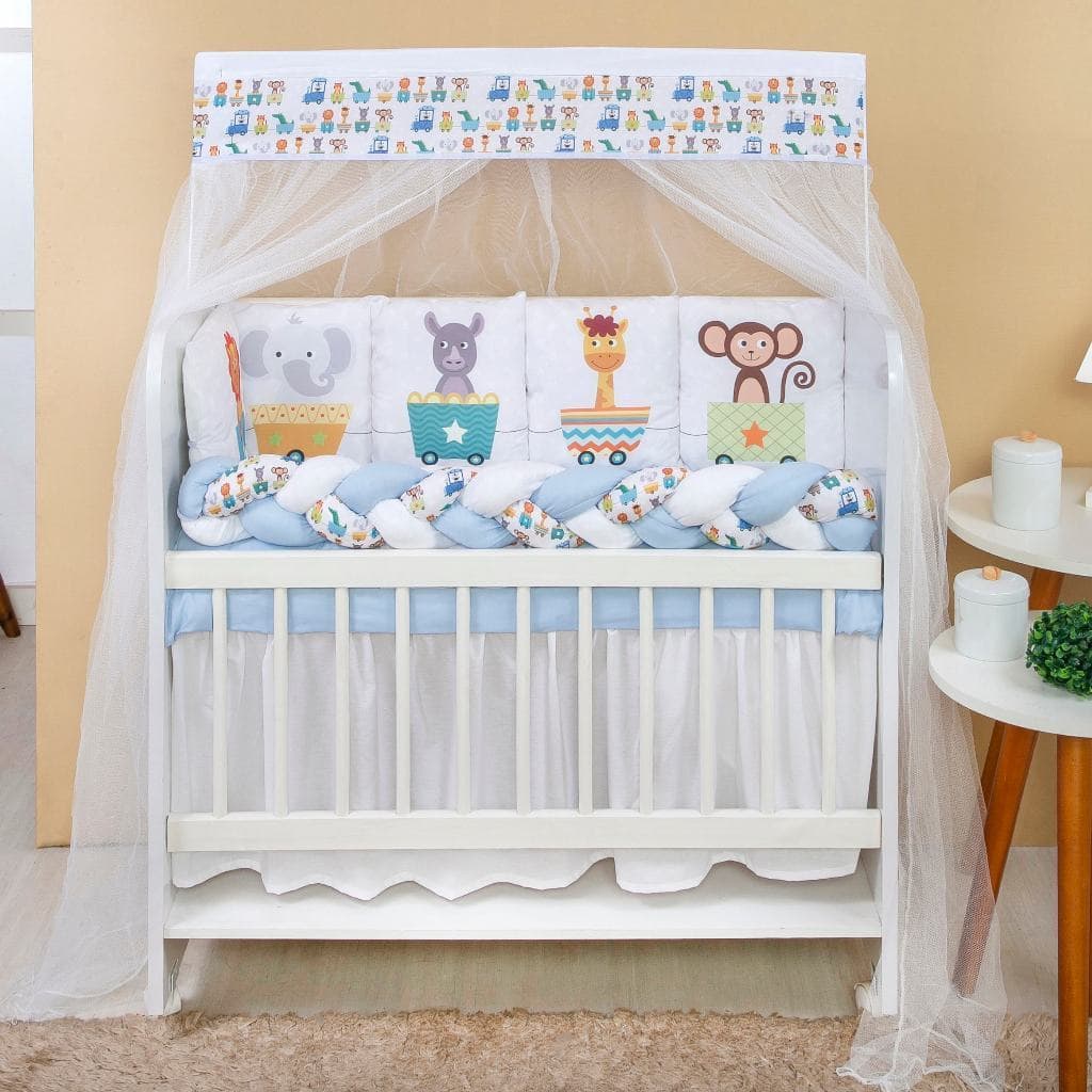 Kit Mini Berço com 12 peças + Saia de Berço Bebê Menino Safari Trenzinho
