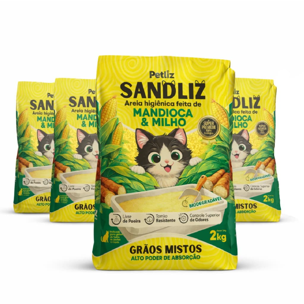 Kit 4 Areia Sanitária Higiênica Natural Premium Mista de Milho e Mandioca Gatos Sandliz Petliz 2 kg
