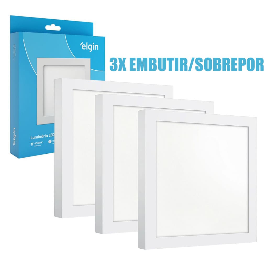 Kit 3 Luminária Painel Plafon Led Elgin 18W Embutir ou Sobrepor Quadrado 6500k Luz Branco Frio Bivolt