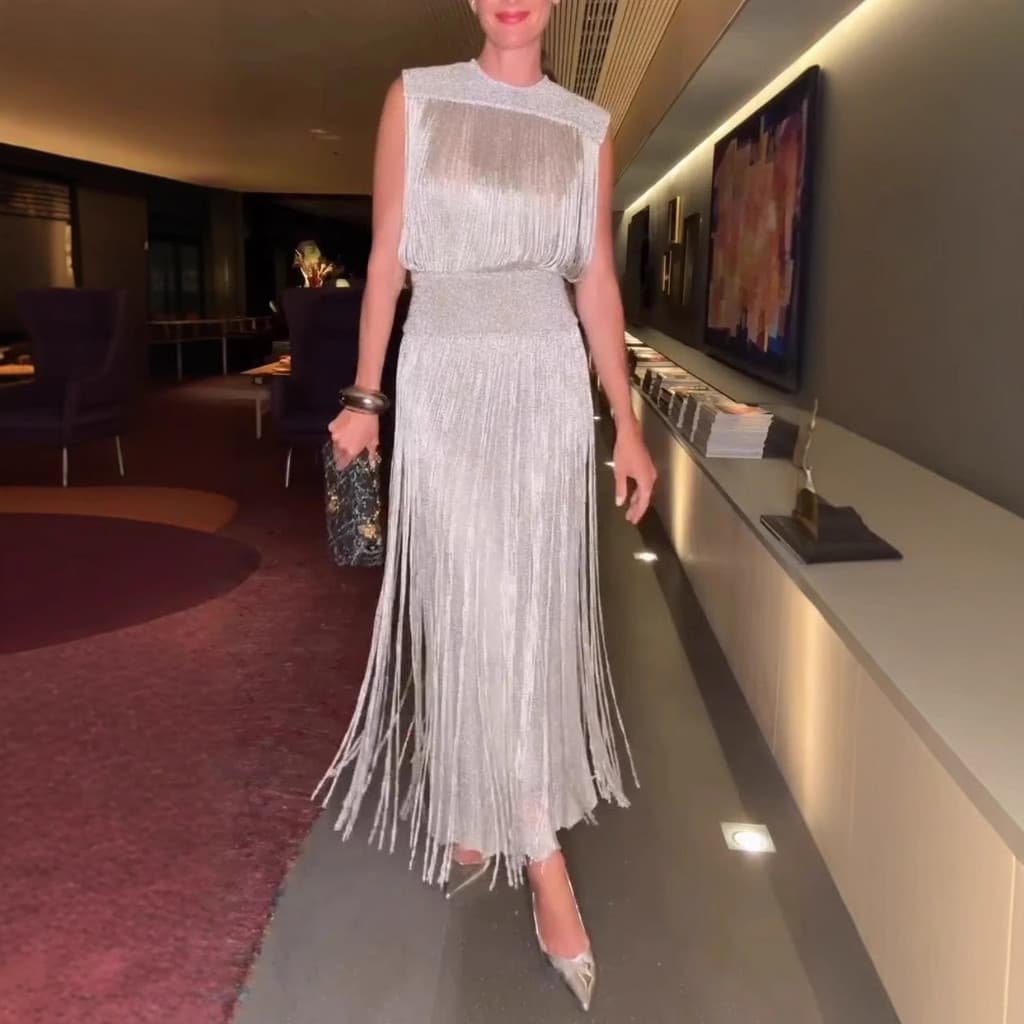 Vestido longo feminino europeu americano 2026 novo estilo elegante vestido com franjas vestido de festa sem mangas