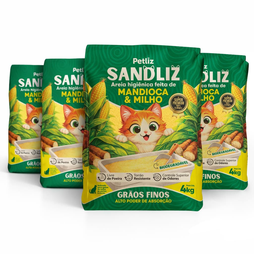 Kit 4 Areia Sanitária Higiênica Natural Premium Fina de Milho e Mandioca Gatos Sandliz Petliz 4 kg
