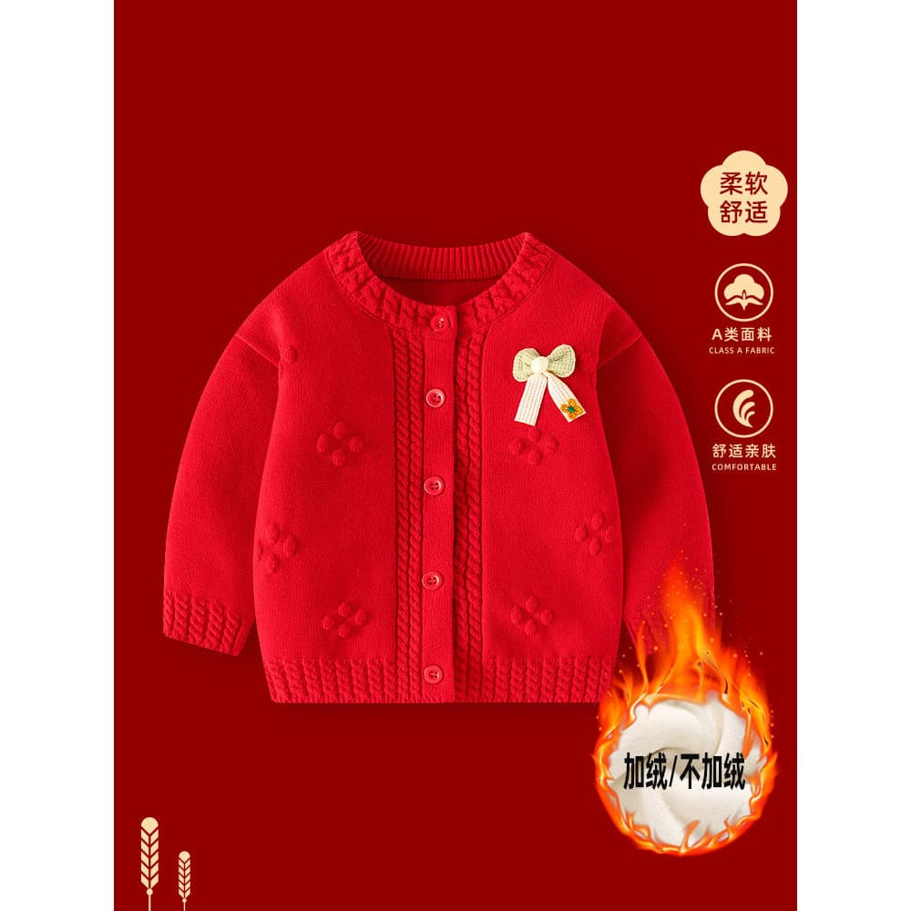 Bebê bebê camisola roupas de inverno bebê menina vermelho festivo ano novo ano novo roupas menina forro de lã malha Card