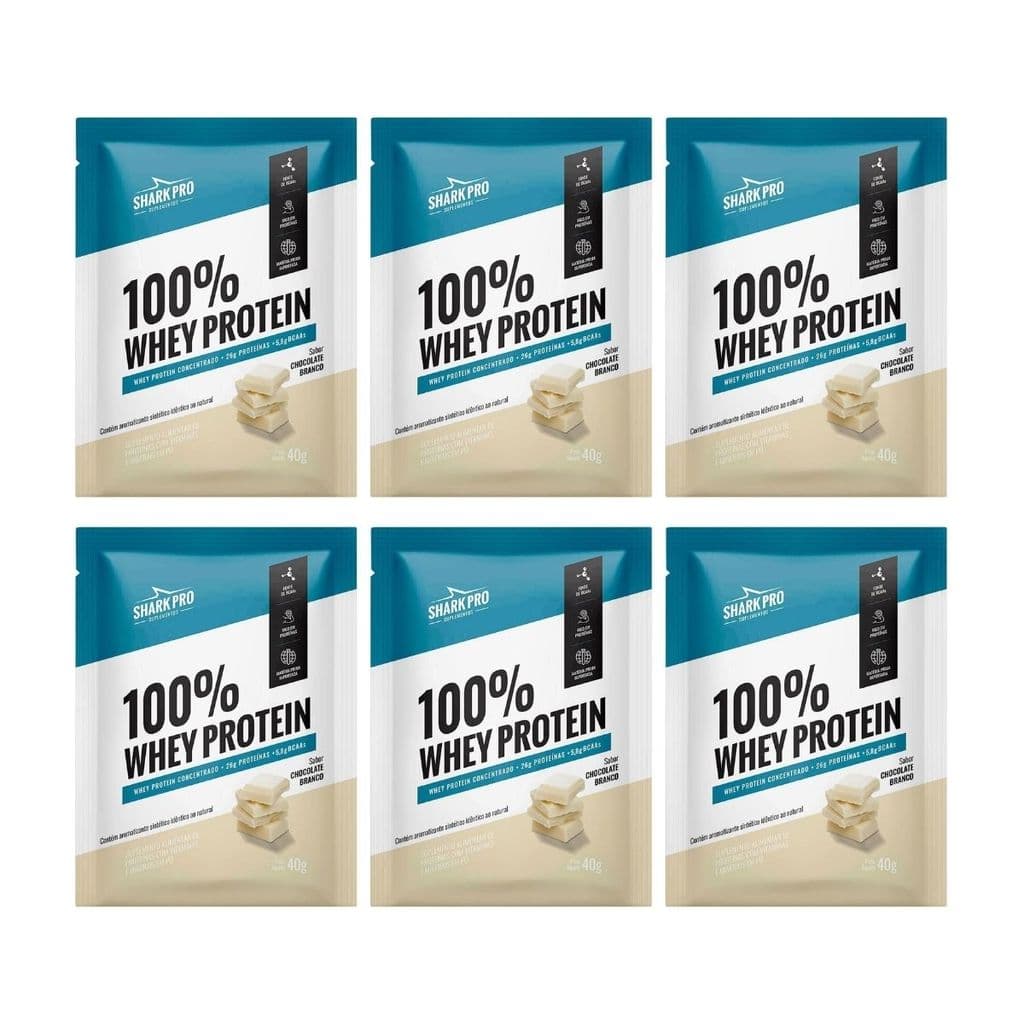 Kit 6 Sache 100% Whey Protein 26g Proteina Chocolate Branco 40G Shark Pro