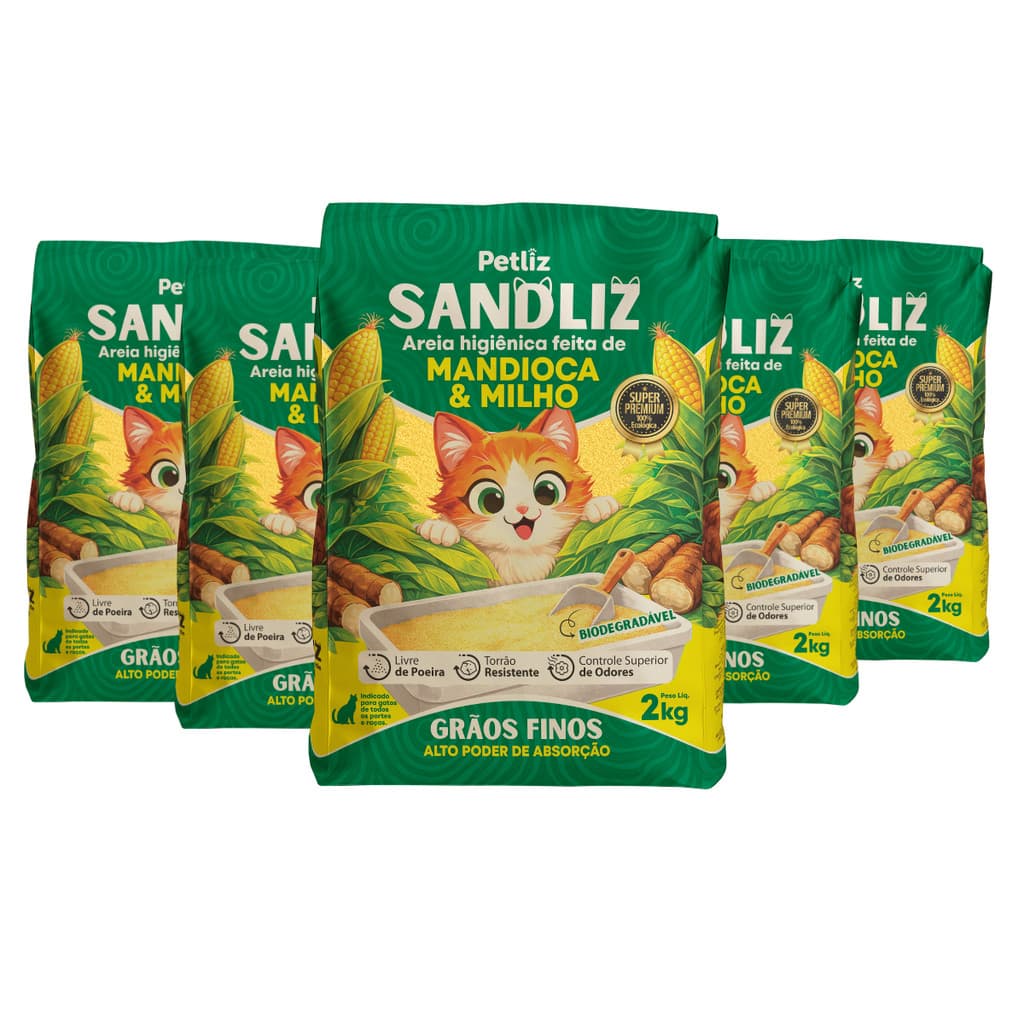 Kit 5 Areia Sanitária Higiênica Natural Premium Fina de Milho e Mandioca Gatos Sandliz Petliz 2 kg