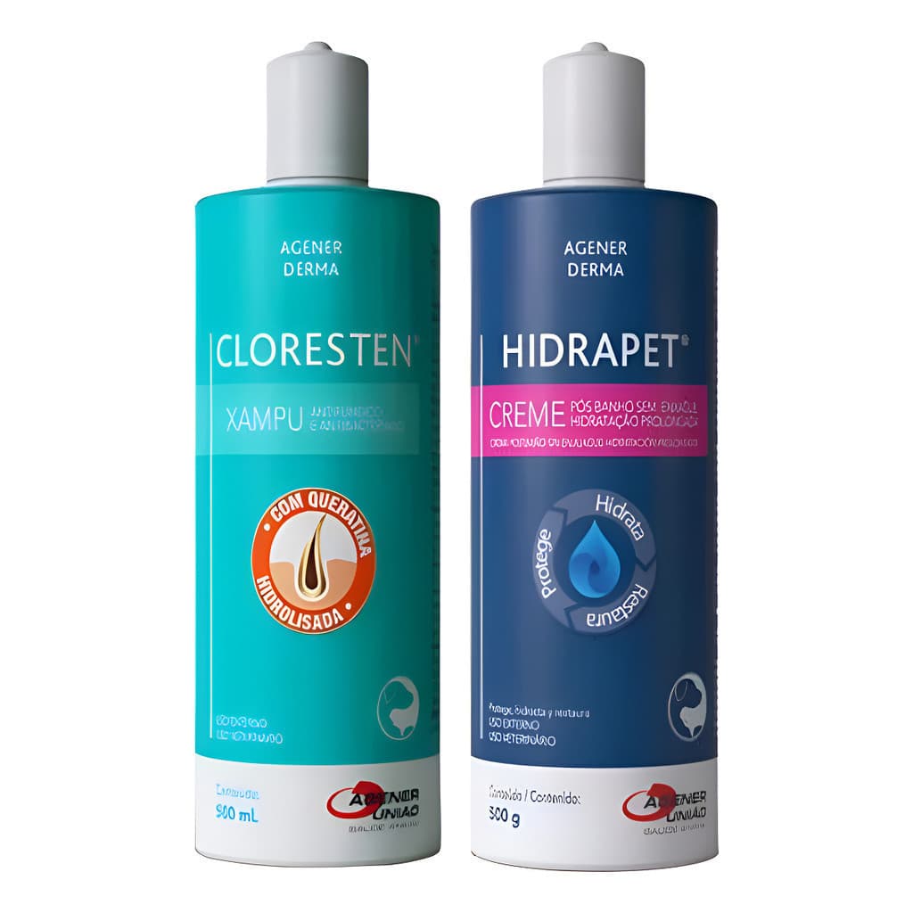 Cloresten Shampoo 500ml + Hidrapet Creme 500g Cães Gatos envio no mesmo dia