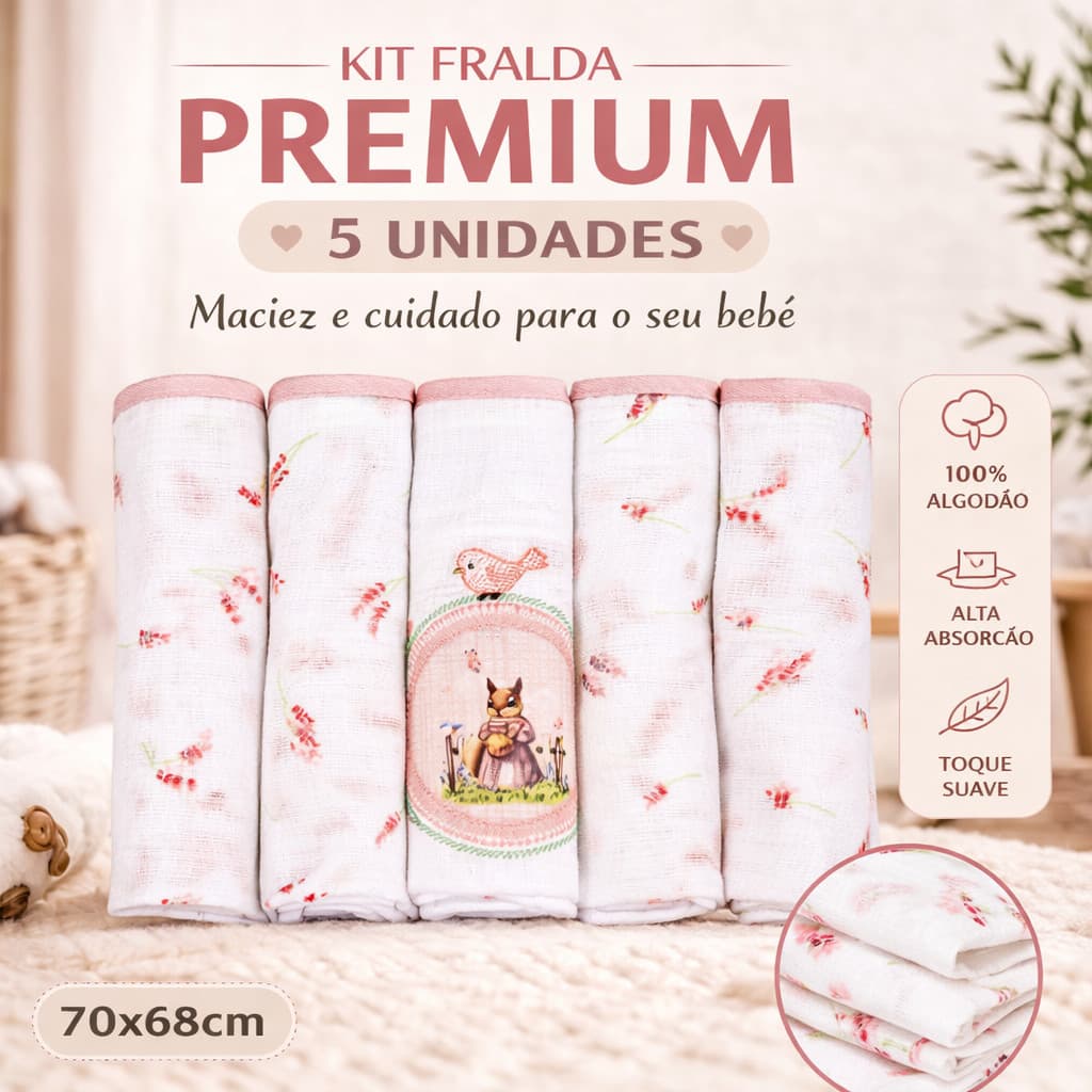 Kit 5 Fraldas Pano Bebê 100% Algodão Premium 70x68cm Macio Enxoval Recém-Nascido Absorvente Chá Bebê