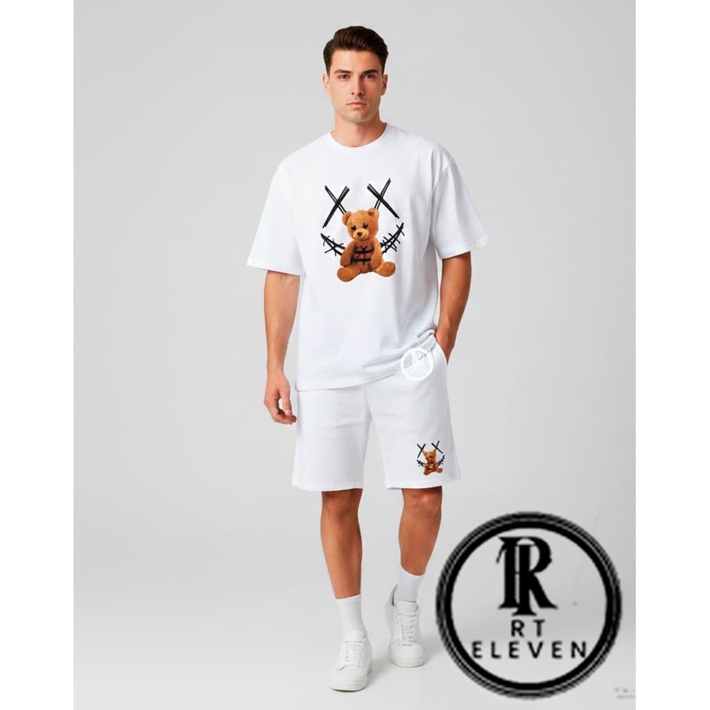 Kit Masculino  Camiseta + Short Moletom Conjunto Urso Smile Camisa  Malha Algodão Bermuda Moletom Linha Premium RT