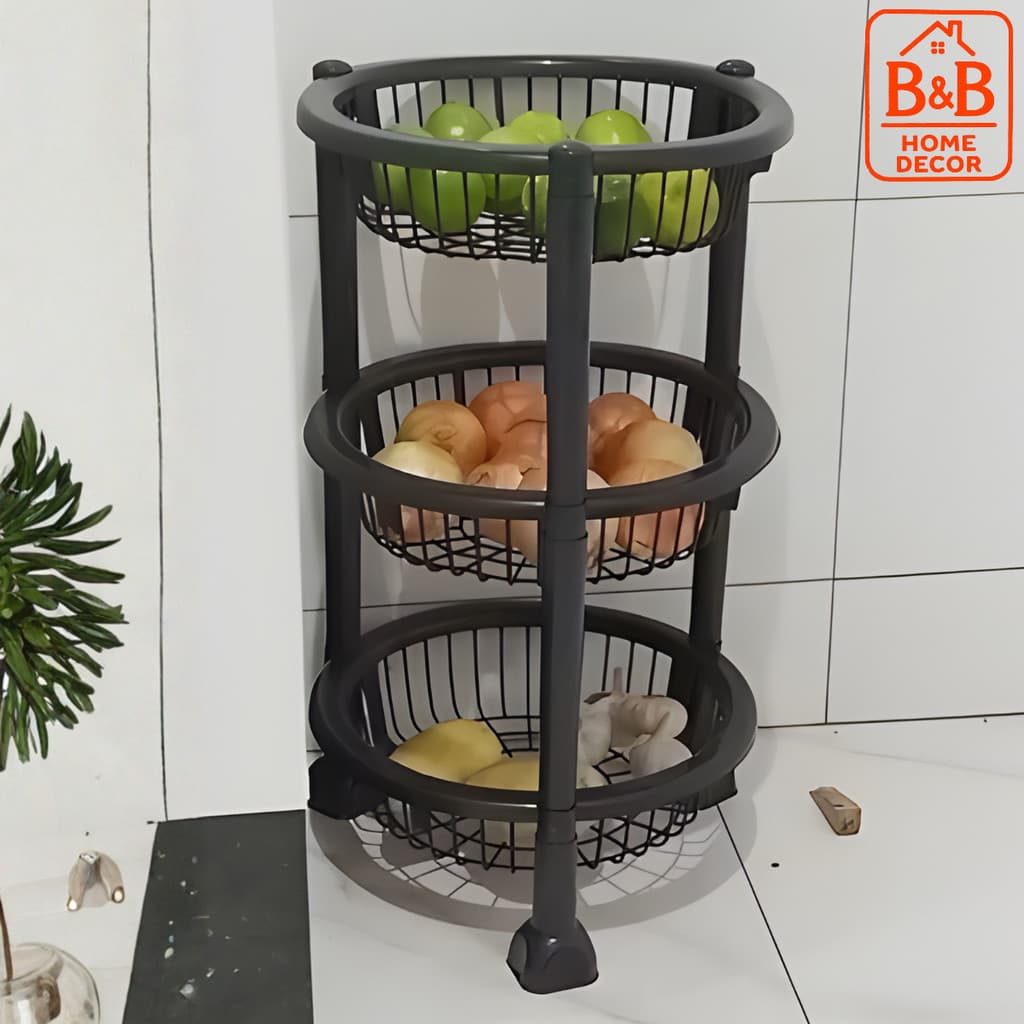 Fruteira Organizador Redondo 3 Andares Multiuso para Organização da Cozinha Preto
