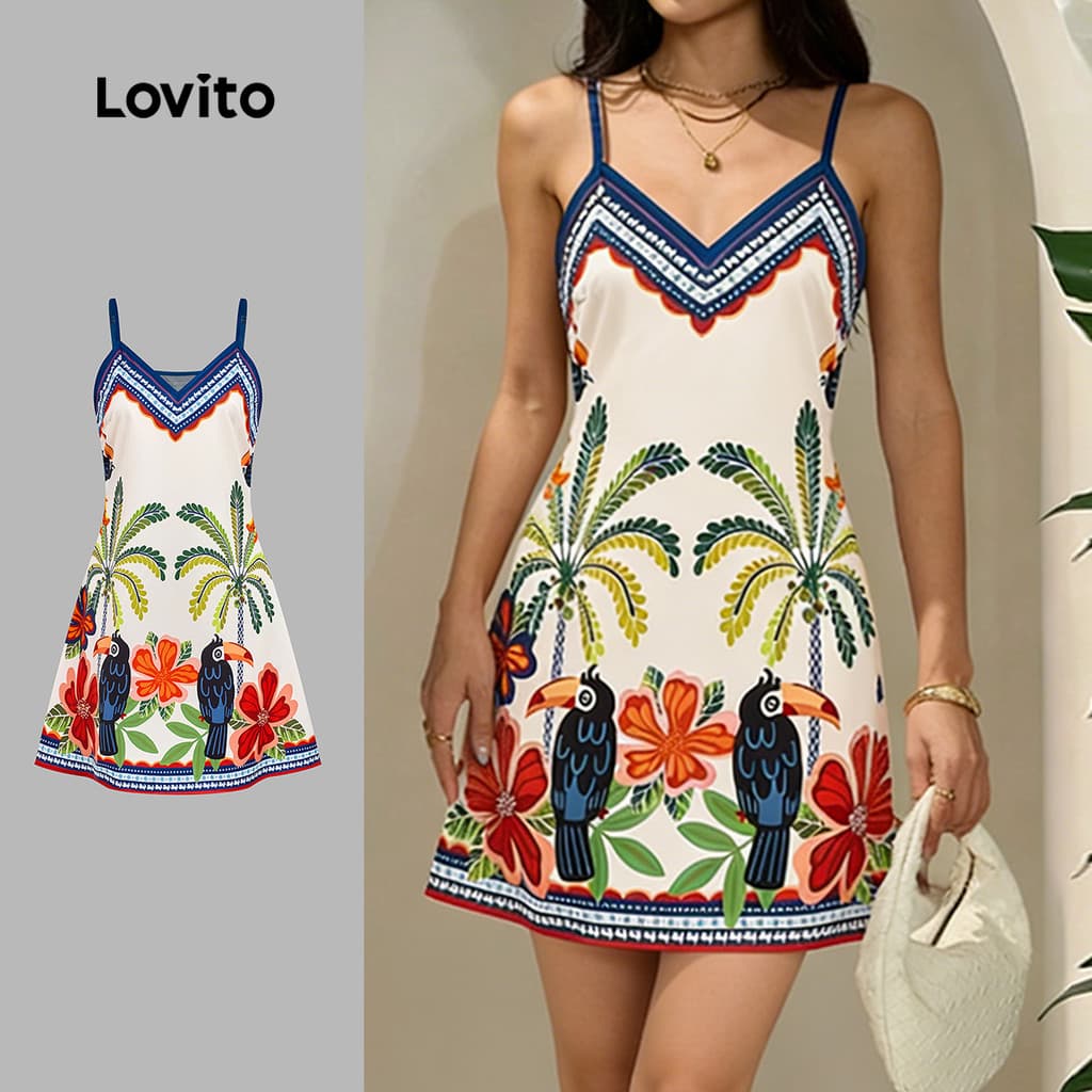 Lovito Férias Vestido Alça de Ombro Ajustável Vestido Primavera/verão para Mulheres LBL31253