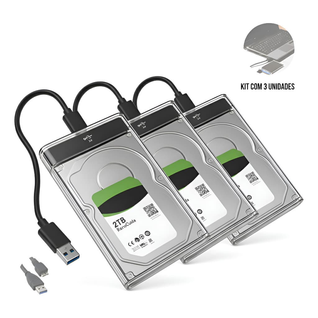 Kit 3 Cases Para HD e SSD 2.5 Polegadas USB 3.0 Adaptador SATA Transparente Portátil Slim Plug and Play de Alta