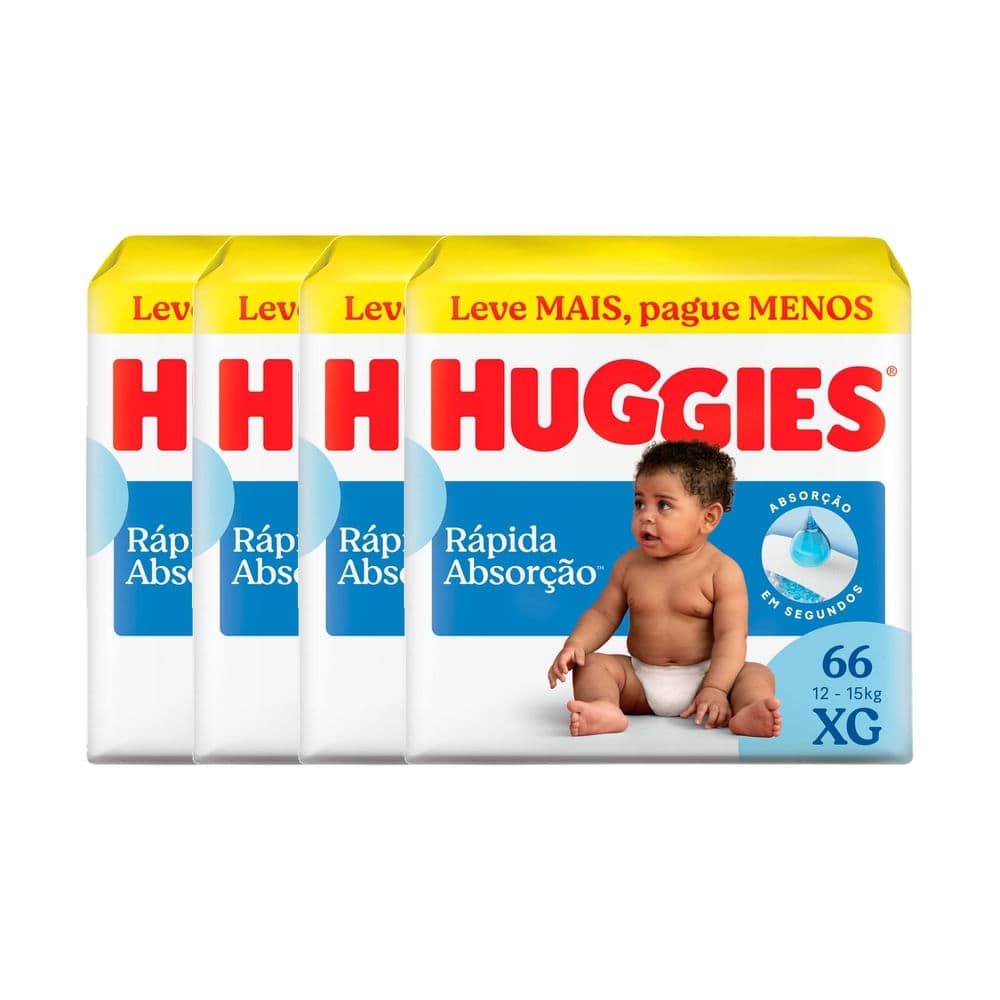 Kit 4 Fralda Huggies Rápida Absorção Tamanho XG Pacote Hiper 66 Unidades Descartáveis Leve Mais Por Menos