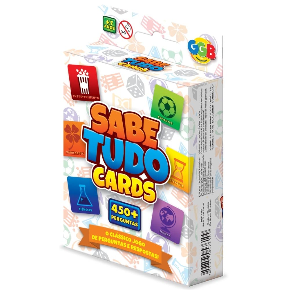 JOGO SABE TUDO CARDS 78 CARTAS GGB BRINQUEDOS PERGUNTAS RESPOSTAS FAMÍLIA MESA ESPORTES CLÁSSICO