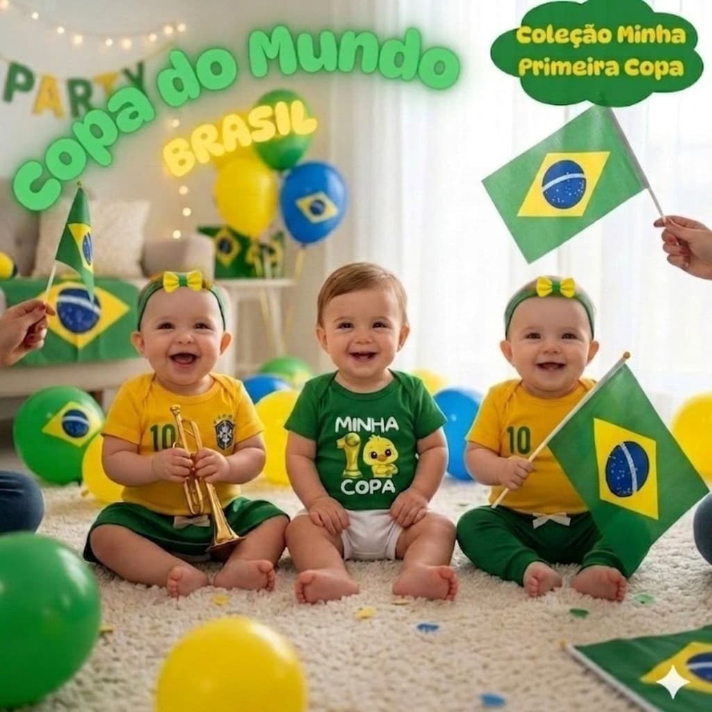 Conjunto Body Bebê Brasil Primeira Copa Futebol 100% Algodão Menino Menina Roupa Bebê Torcida
