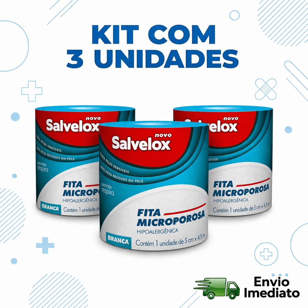 Kit 3 Unidades Fita Microporosa Salvelox 5cm x 4,5m Hipoalergênica Branca Curativo Fixação