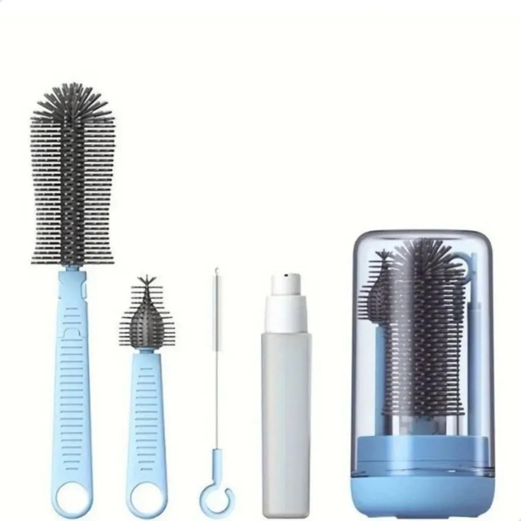 Kit Escova de Limpeza 4 em 1 Garrafas Mamadeiras Bicos Silicone Criança Bebê Azul