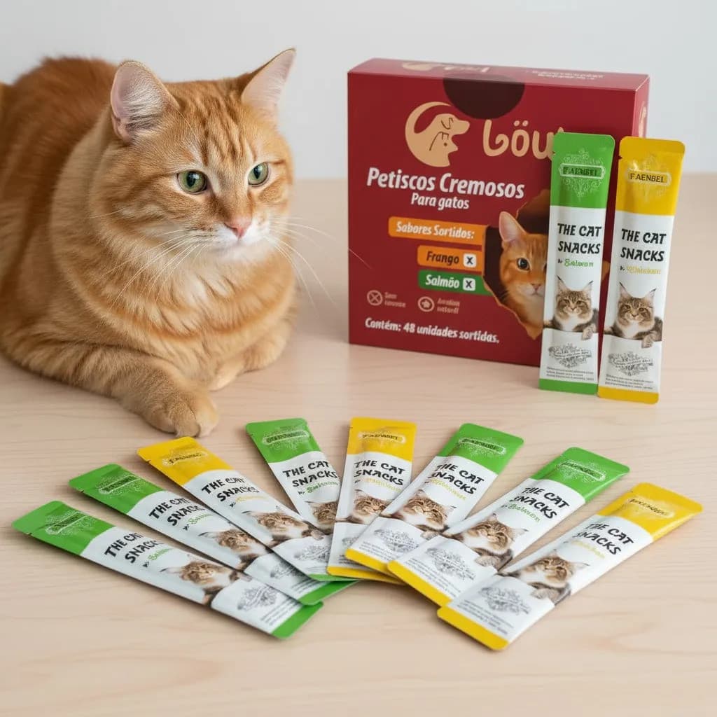 Kit 48 Snack Creamy Para Gato Fácil Consumo Cremosos Saudável Saúde Renal Sabor Frango E Salmão