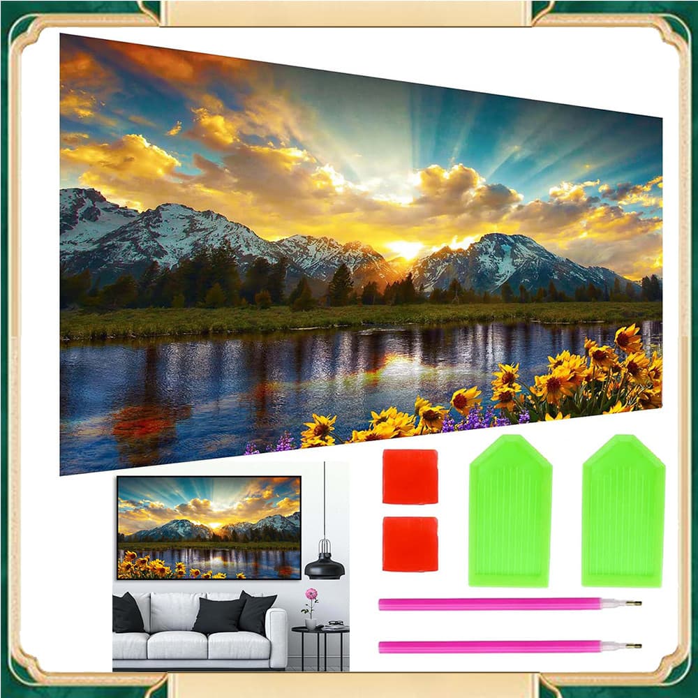 conjunto diy de pintura com diamantes «lago ao pôr do sol», 70 x 40 cm - pintura com diamantes 5d