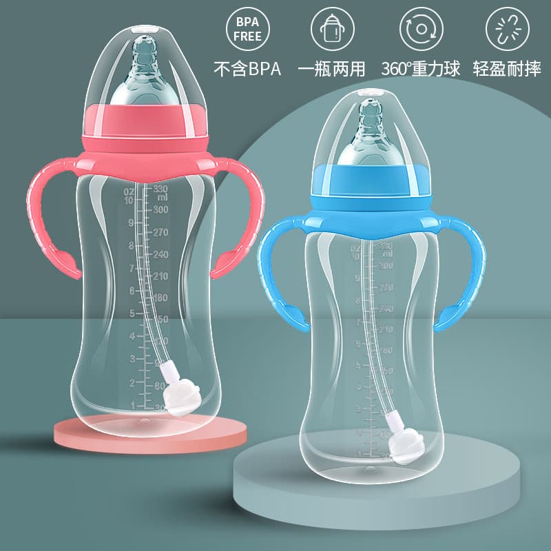 Mamadeira resistente a choques Boca de Silicone de grande calibre Bebê recém-nascido Crianças com alça de palha Água pot