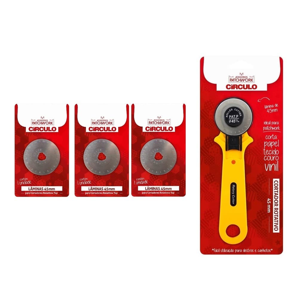 Kit Cortador Rotativo Tecido Lamina 45mm Patchwork Círculo + 3 Lâminas Disco 45mm Circulo