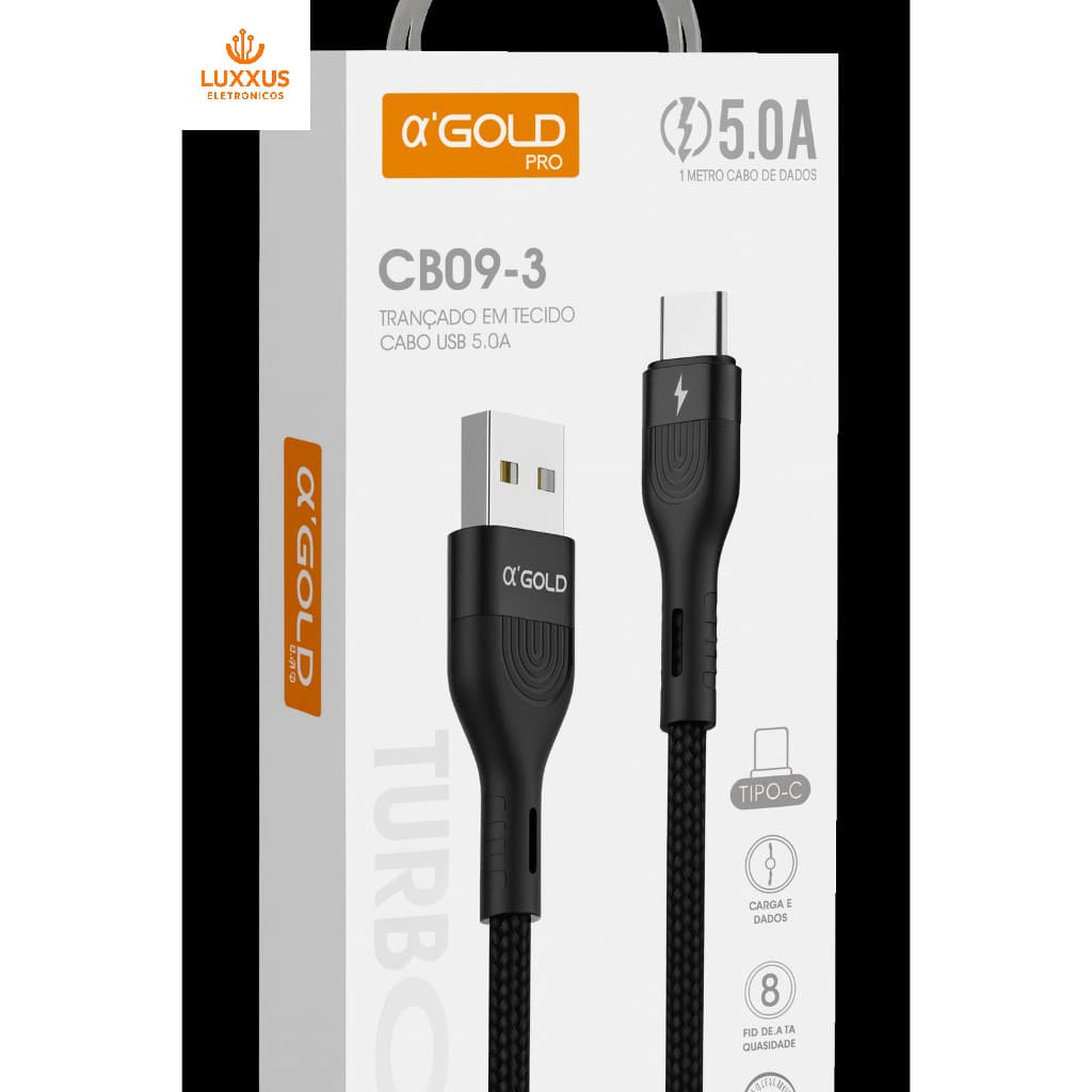 Cabo USB Tipo-C α'GOLD PRO 5A CB09-3 Turbo 1m Trançado em Tecido Reforçado Carga Rápida Premium
