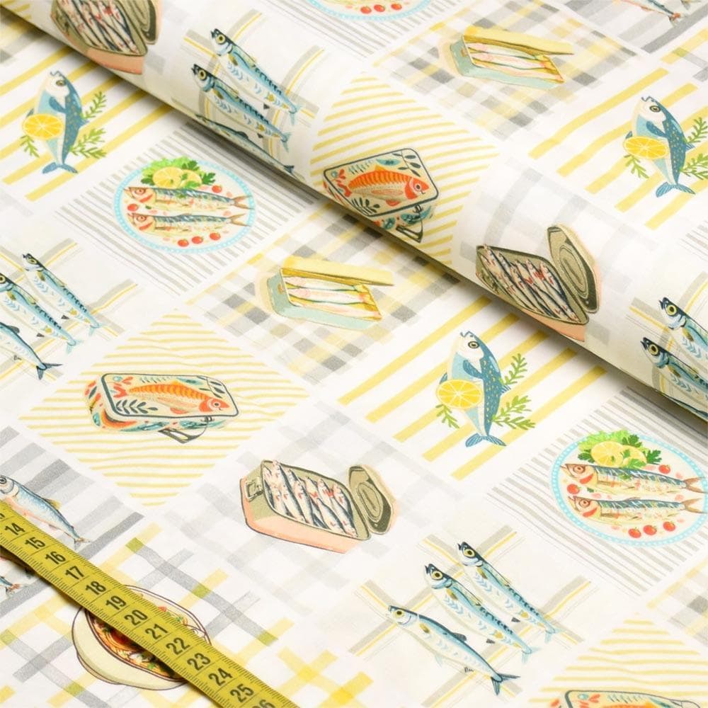 Tecido Tricoline Coleção Sardinhas : Sardinhas com Patchwork de Texturas (0,50x1,50)