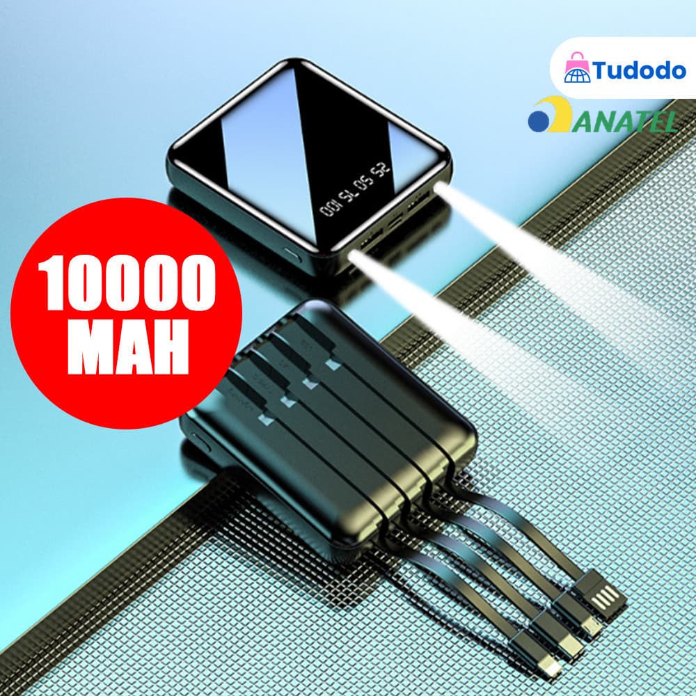 Carregador Portátil para celular Power Bank universal 10000mAh  4 cables de carga rápida Banco de energía digital LED