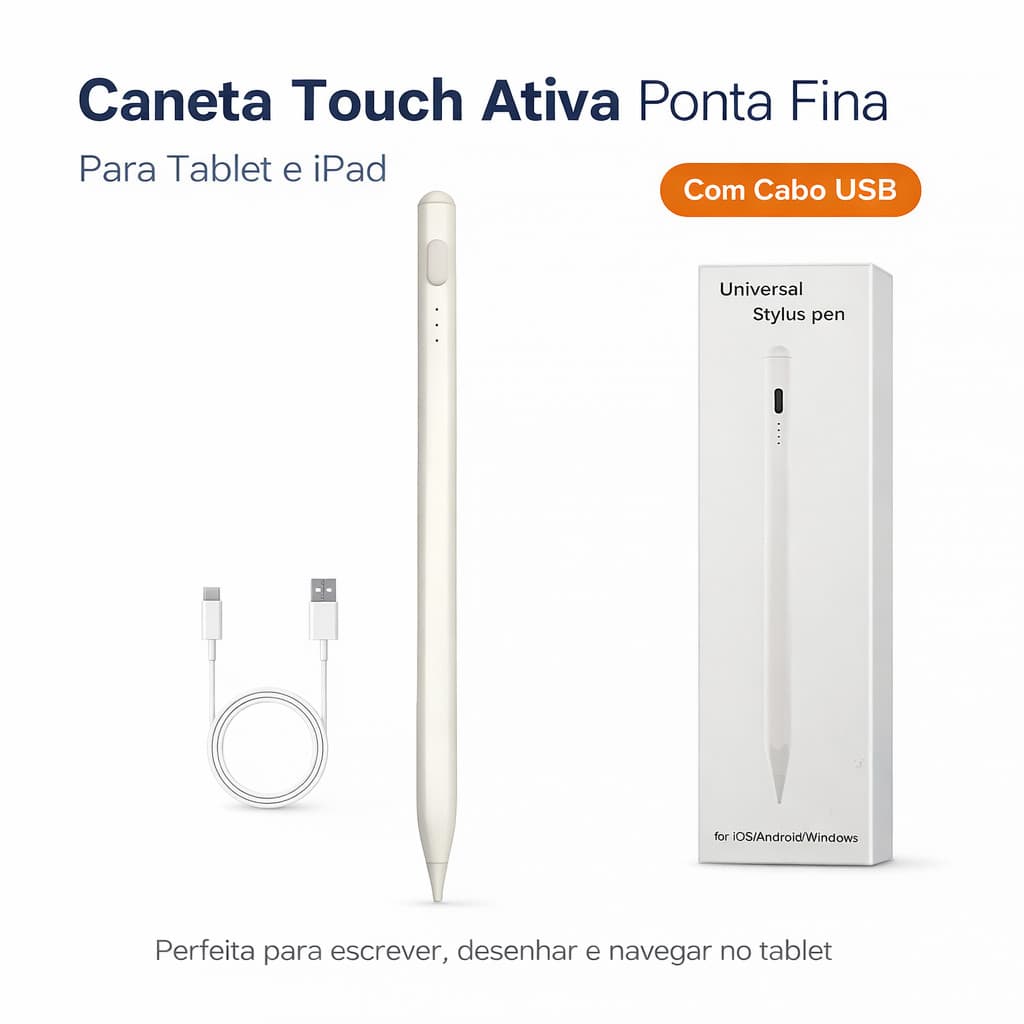 Caneta Stylus Universal Recarregável USB-C para Tablet Celular iOS Android Windows