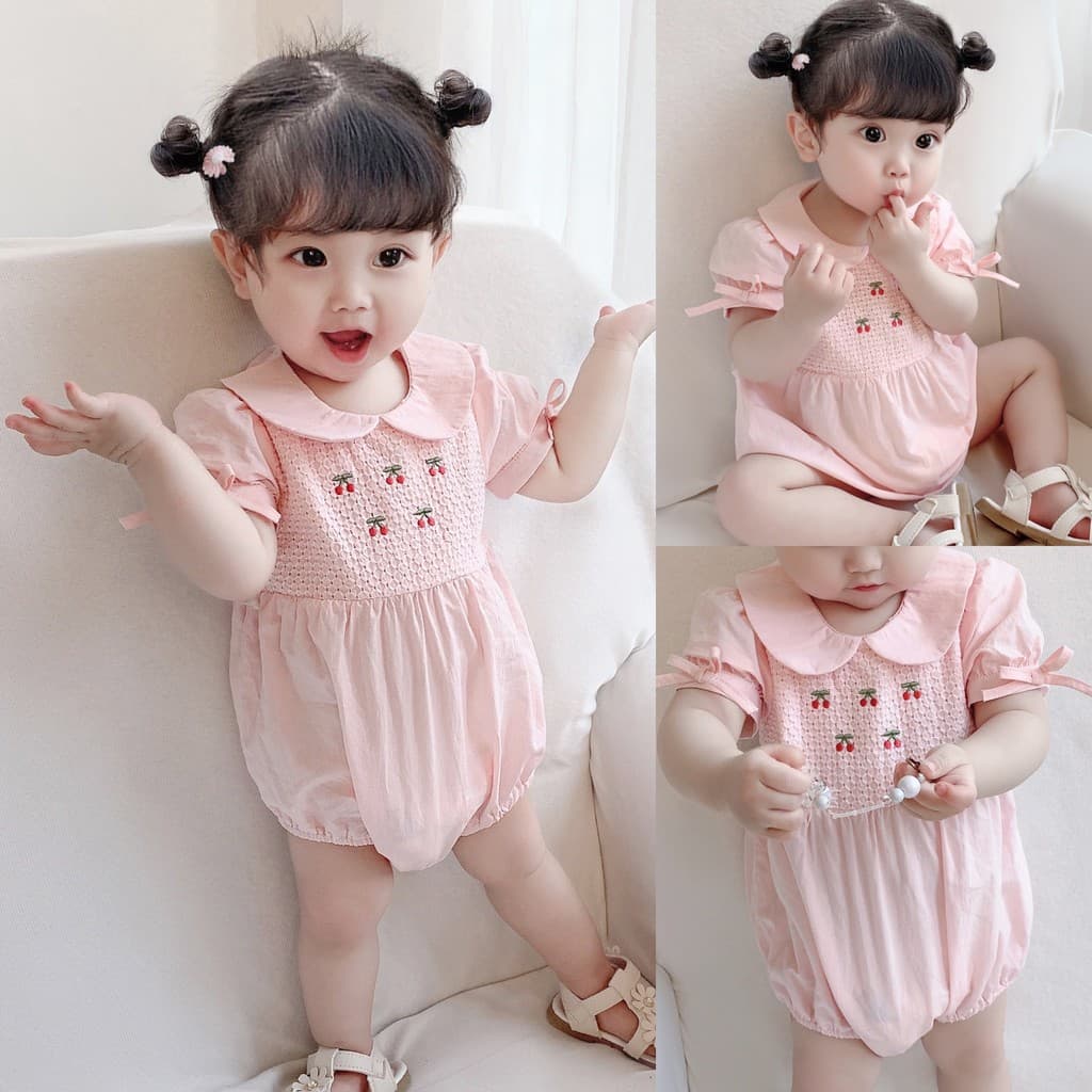 Coco mãe bebê verão roupas de manga curta bebê menina cem dias cereja macacão triângulo bebê macacão princesa
