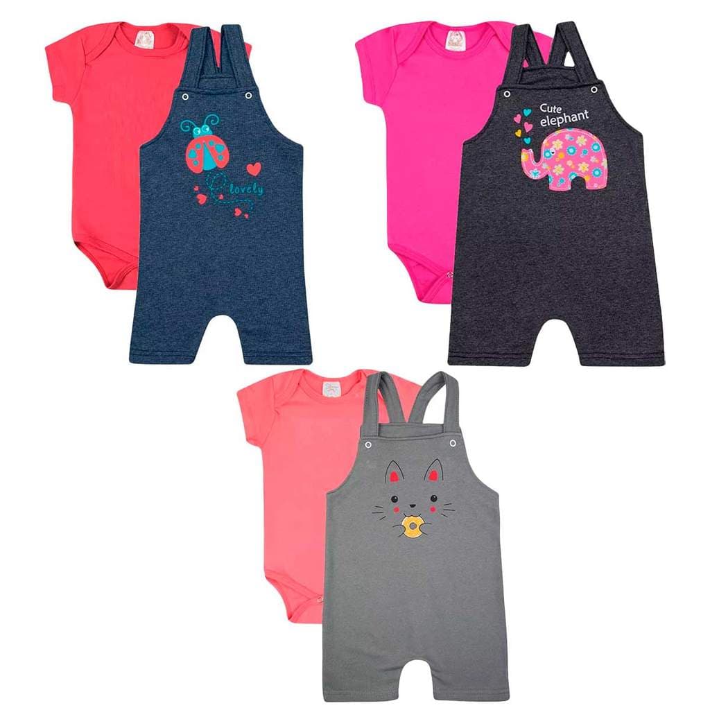 Kit Conjunto Roupa de Bebê Jardineira + Body Manga Curta 6 Peças Roupa Bebê Menina