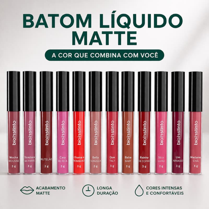 Batom Matte Liquido Fixação Longa Duração Efeito Matte Secagem Rápida 24h Bio Instinto