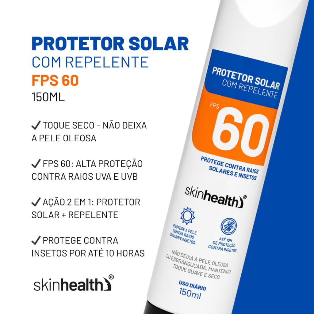 Protetor Solar FPS 60 com Repelente Skin Health Protetor Solar FPS 60 com Repelente – Proteção Completa para o Dia a Dia