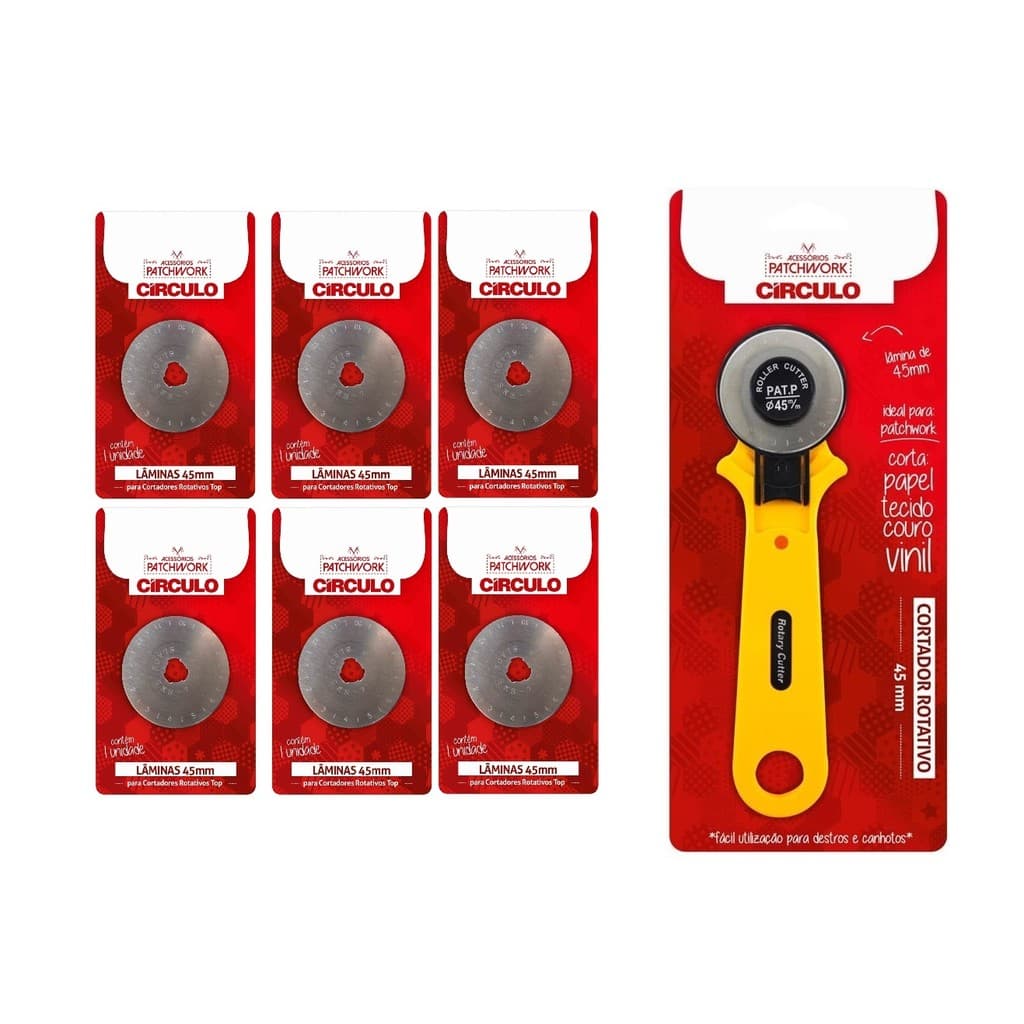 Kit Cortador Rotativo Tecido Lamina 45mm Patchwork Círculo + 6 Lâminas Disco 45mm Circulo