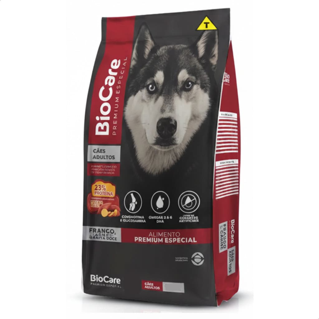 Pacote Ração Biocare Cão Adulto Premium Especial Carne Frango 15kg Bin 23% Proteina Seca Cachorro Forte Saúde