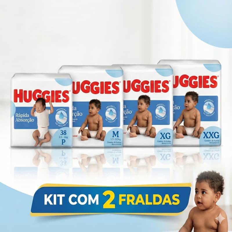 Kit 2 Fraldas Huggies Rápida Absorção – Tamanhos P, M, XG ou XXG