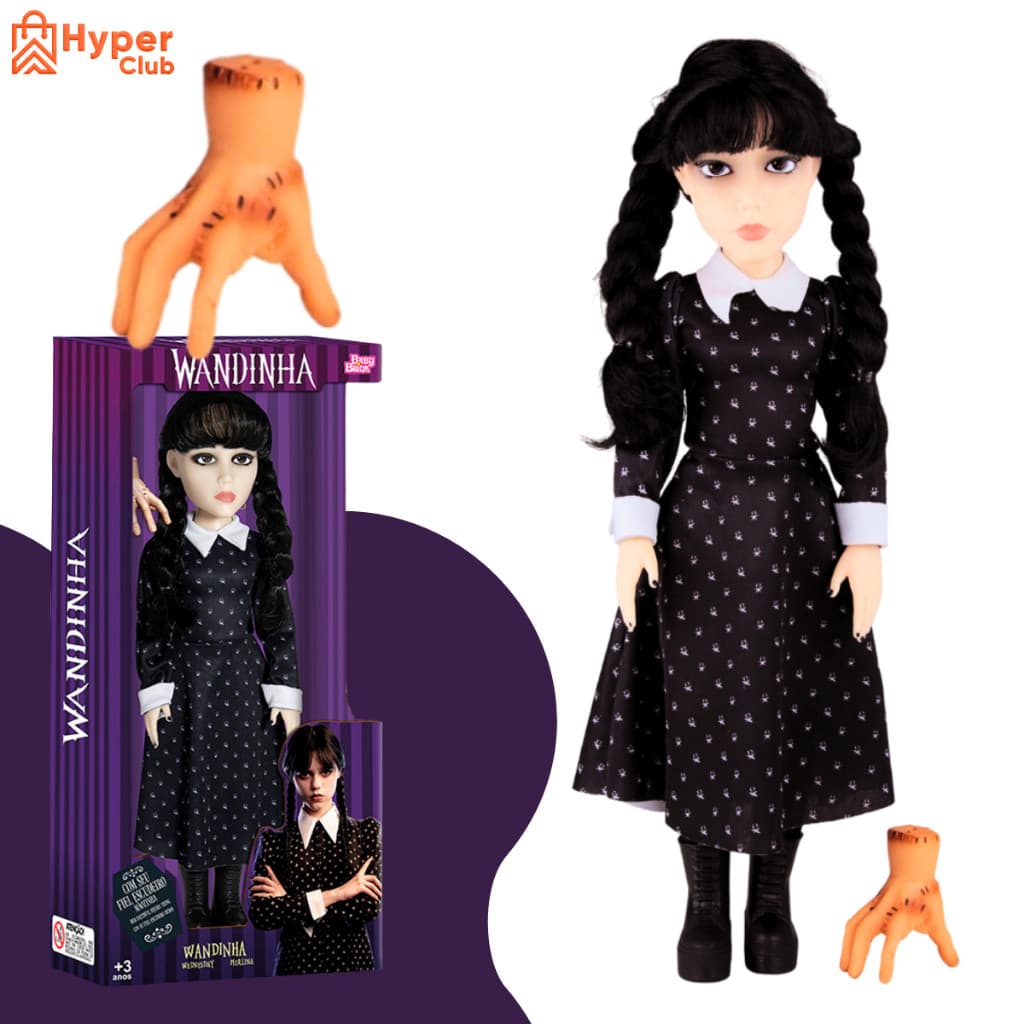 Kit Boneca Infantil Wandinha Grande 45cm Articulada + Maozinha Brinquedo Kids Action Figure